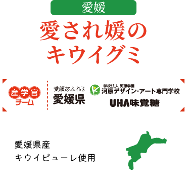 産学官チーム｜愛顔あふれる愛媛県　学校法人 河原学園 河原デザイン・アート専門学校　UHA味覚糖／愛媛県産キウイピューレ使用